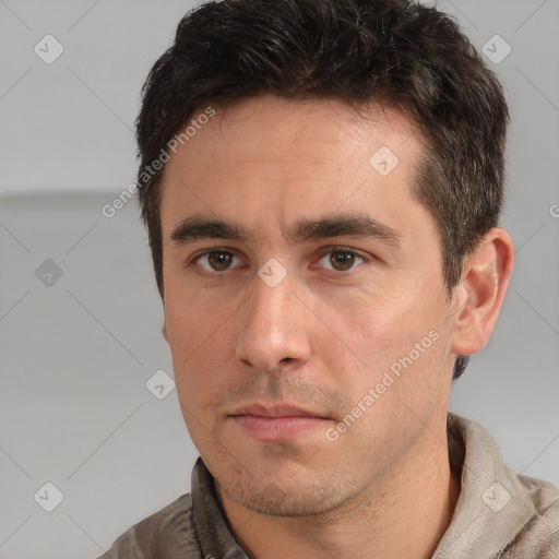 Neutral white adult male with short  brown hair and brown eyes