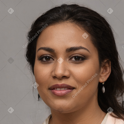 Joyful latino young-adult female with long  brown hair and brown eyes