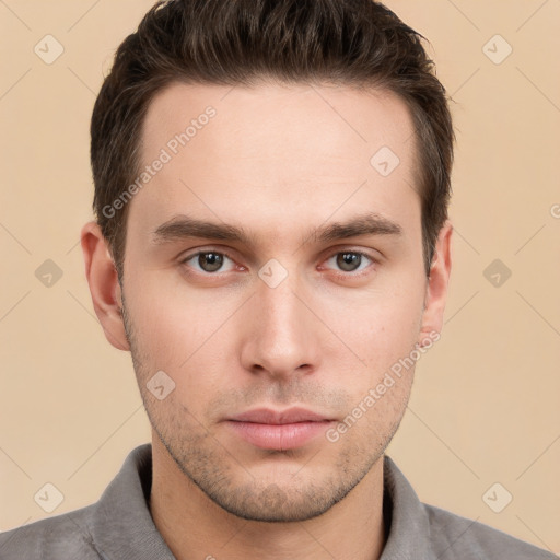 Neutral white young-adult male with short  brown hair and brown eyes