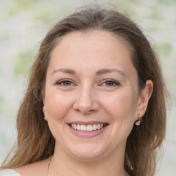 Joyful white adult female with medium  brown hair and grey eyes