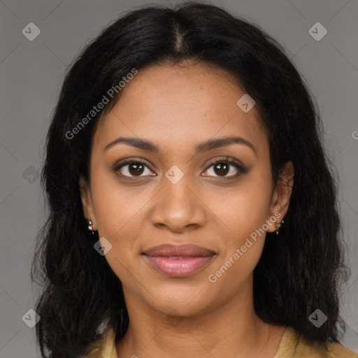 Joyful black young-adult female with long  brown hair and brown eyes