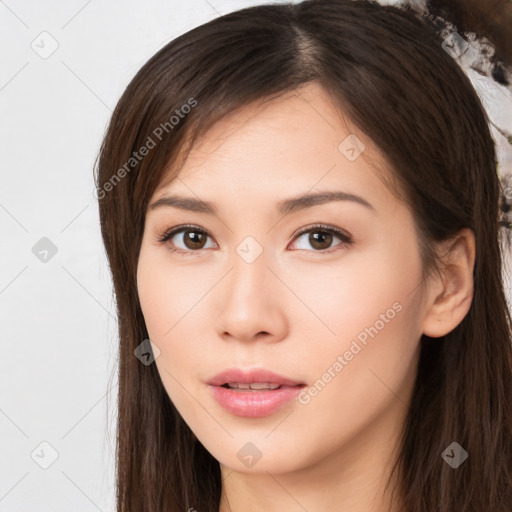 Neutral white young-adult female with long  brown hair and brown eyes