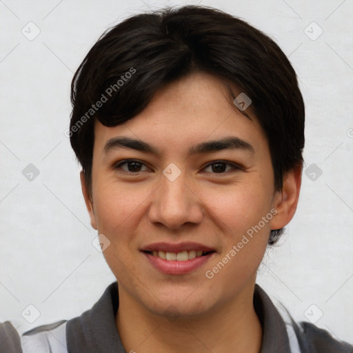 Joyful asian young-adult female with medium  brown hair and brown eyes