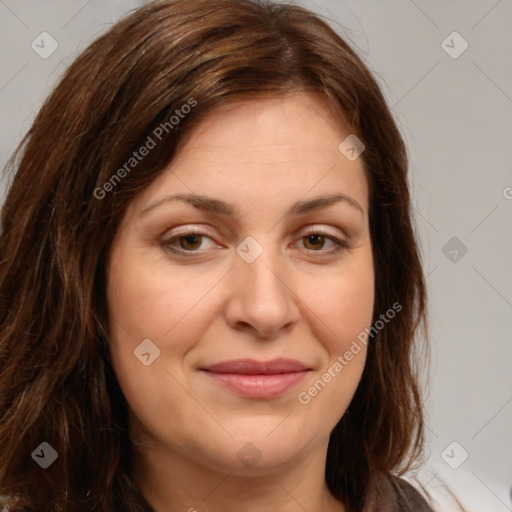 Joyful white young-adult female with long  brown hair and green eyes