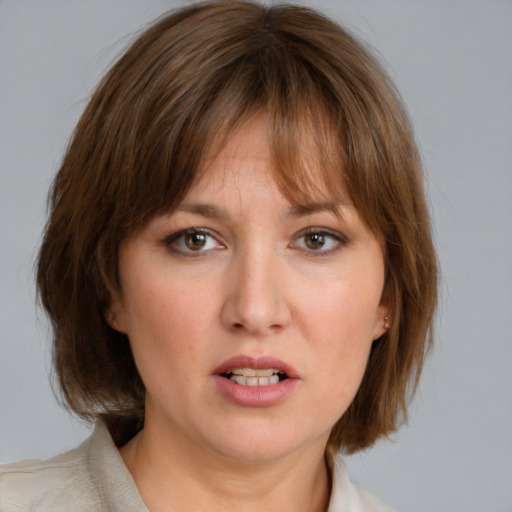 Neutral white young-adult female with medium  brown hair and blue eyes