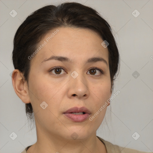 Neutral white young-adult female with medium  brown hair and brown eyes