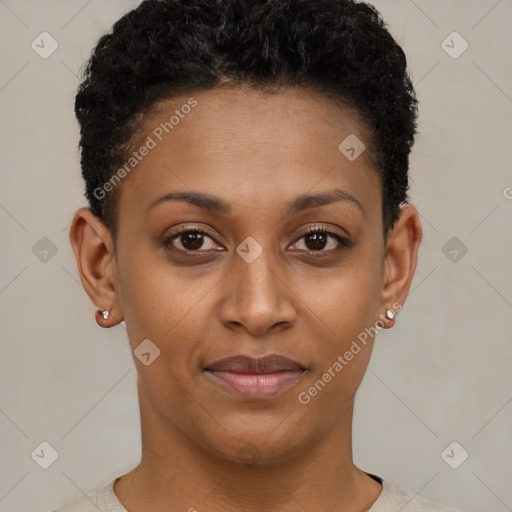 Joyful latino young-adult female with short  black hair and brown eyes