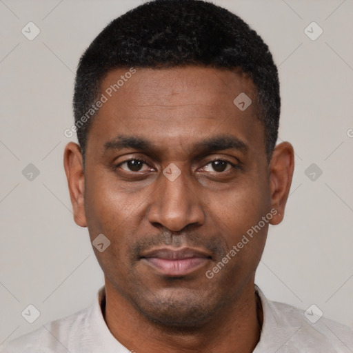 Neutral black young-adult male with short  black hair and brown eyes