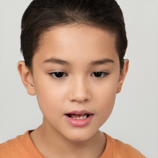 Joyful white child female with short  brown hair and brown eyes