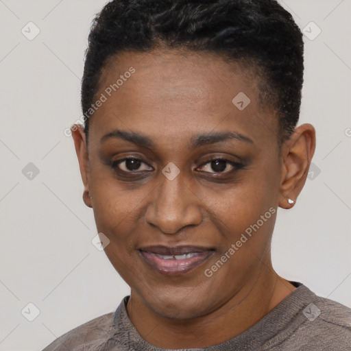 Joyful black young-adult female with short  black hair and brown eyes