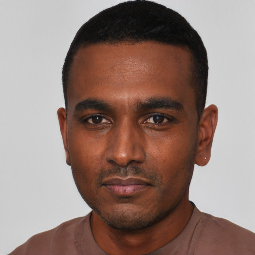 Neutral black young-adult male with short  black hair and brown eyes