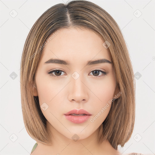 Neutral white young-adult female with long  brown hair and brown eyes