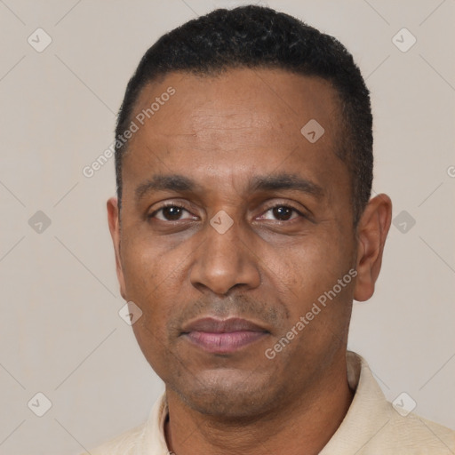 Neutral black adult male with short  black hair and brown eyes