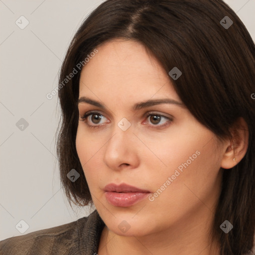 Neutral white young-adult female with medium  brown hair and brown eyes