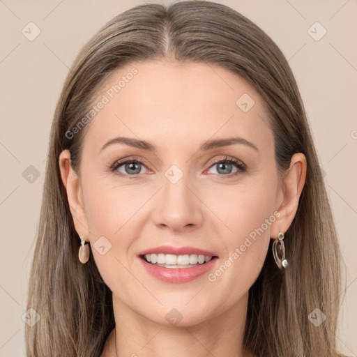 Joyful white young-adult female with long  brown hair and grey eyes