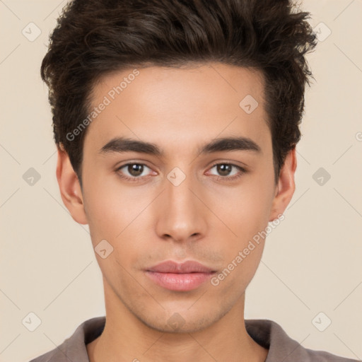 Neutral white young-adult male with short  brown hair and brown eyes