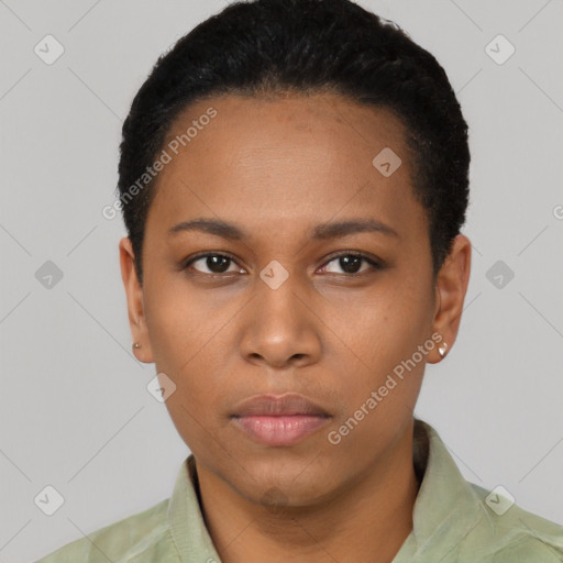 Neutral black young-adult female with short  black hair and brown eyes