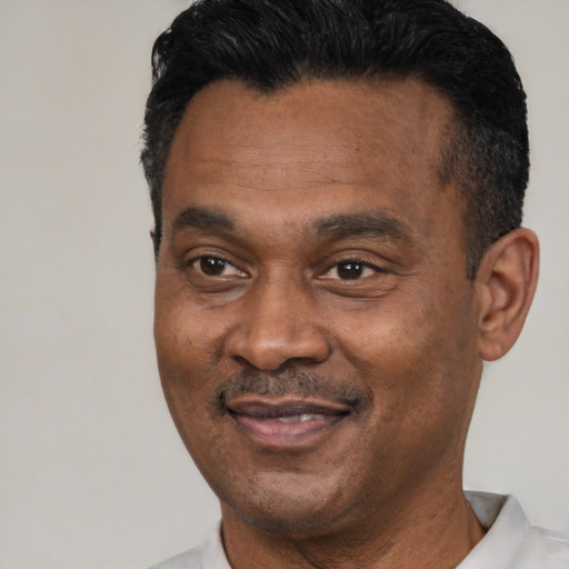Joyful black adult male with short  black hair and brown eyes