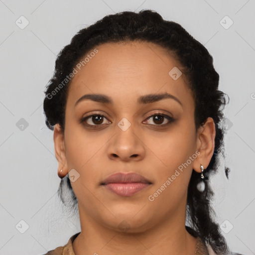 Joyful latino young-adult female with short  black hair and brown eyes