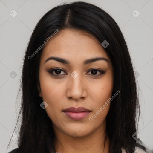 Neutral latino young-adult female with long  black hair and brown eyes