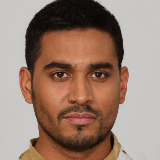 Neutral latino young-adult male with short  black hair and brown eyes
