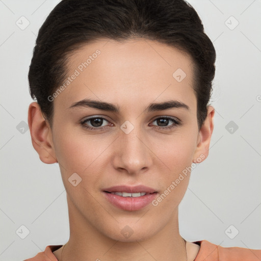 Joyful white young-adult female with short  brown hair and brown eyes