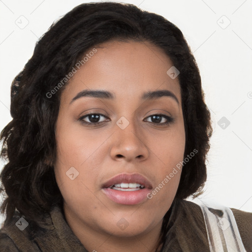 Joyful latino young-adult female with long  black hair and brown eyes