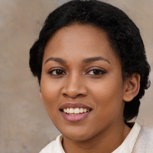Joyful latino young-adult female with medium  black hair and brown eyes