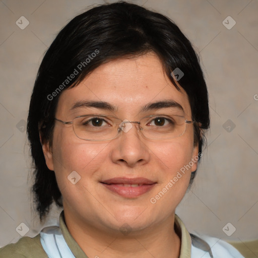 Joyful white adult female with medium  brown hair and brown eyes