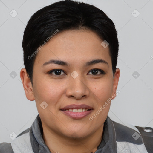 Joyful asian young-adult female with short  brown hair and brown eyes