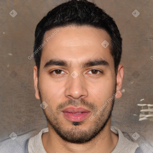Joyful white young-adult male with short  black hair and brown eyes