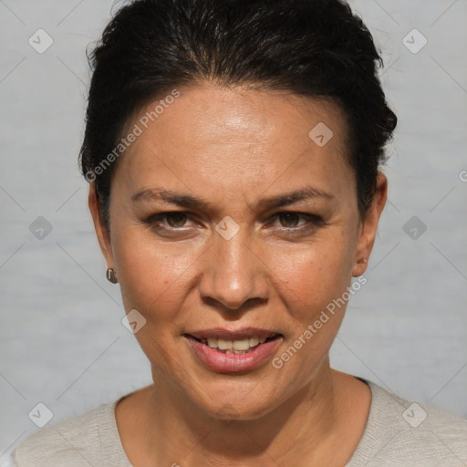 Joyful white adult female with short  brown hair and brown eyes