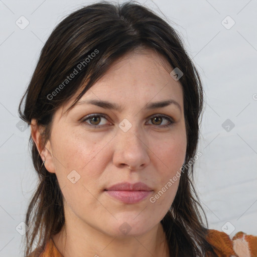 Neutral white adult female with medium  brown hair and brown eyes