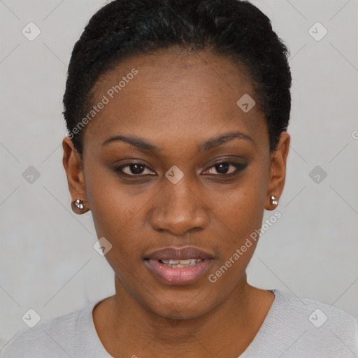 Neutral black young-adult female with short  black hair and brown eyes