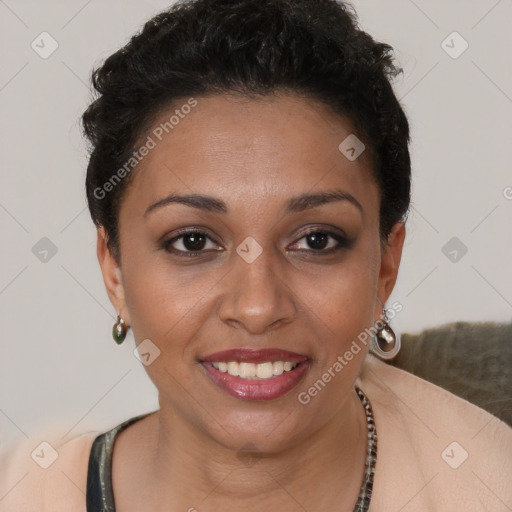 Joyful latino young-adult female with short  brown hair and brown eyes