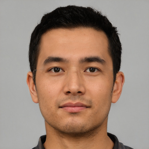 Neutral asian young-adult male with short  black hair and brown eyes