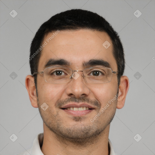 Joyful latino young-adult male with short  black hair and brown eyes