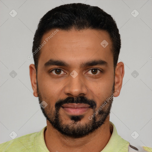 Joyful latino young-adult male with short  black hair and brown eyes