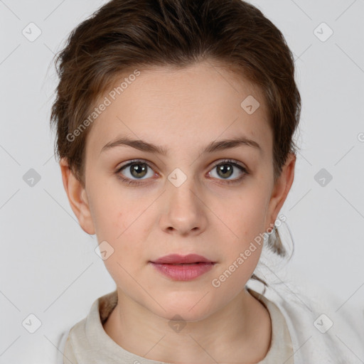 Neutral white young-adult female with medium  brown hair and brown eyes