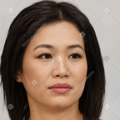 Neutral asian young-adult female with long  brown hair and brown eyes