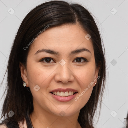 Joyful white young-adult female with medium  brown hair and brown eyes