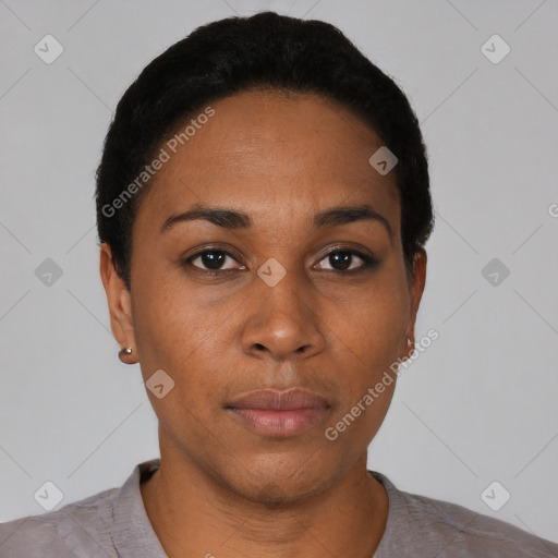 Neutral black young-adult female with short  black hair and brown eyes