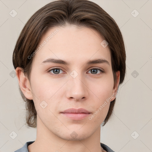 Neutral white young-adult female with medium  brown hair and grey eyes