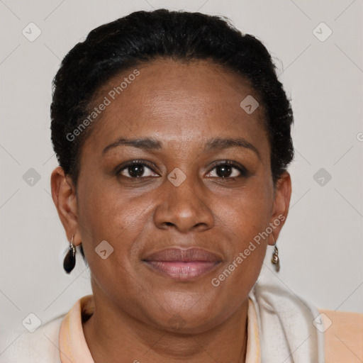 Joyful black adult female with short  brown hair and brown eyes