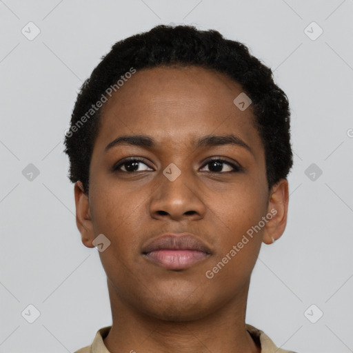 Neutral black young-adult female with short  black hair and brown eyes