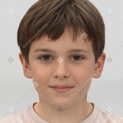 Joyful white child male with short  brown hair and brown eyes