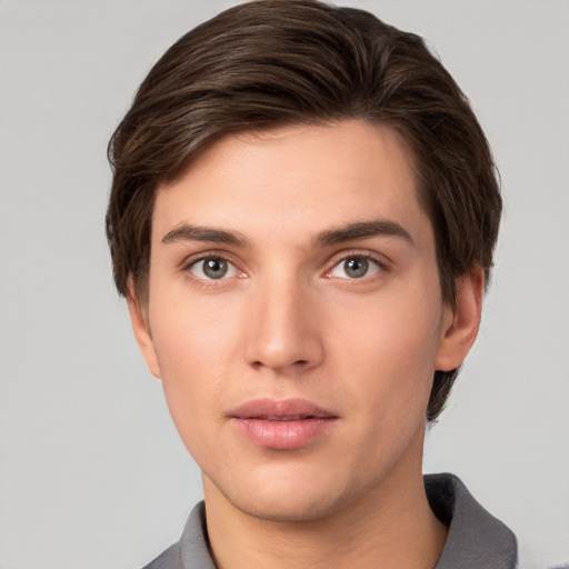 Neutral white young-adult male with short  brown hair and brown eyes