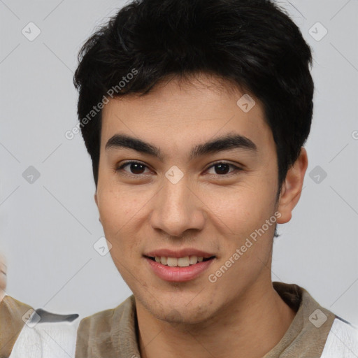Joyful latino young-adult male with short  brown hair and brown eyes