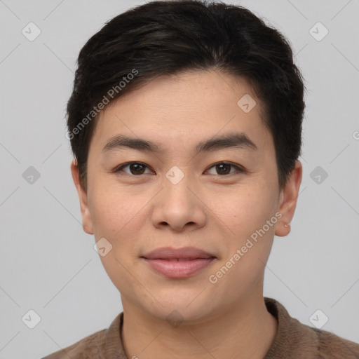 Joyful asian young-adult male with short  brown hair and brown eyes