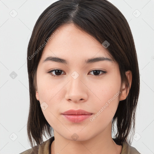 Neutral white young-adult female with medium  brown hair and brown eyes